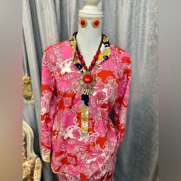 Vibrant Pink and Red Paisley Blouse and Pants